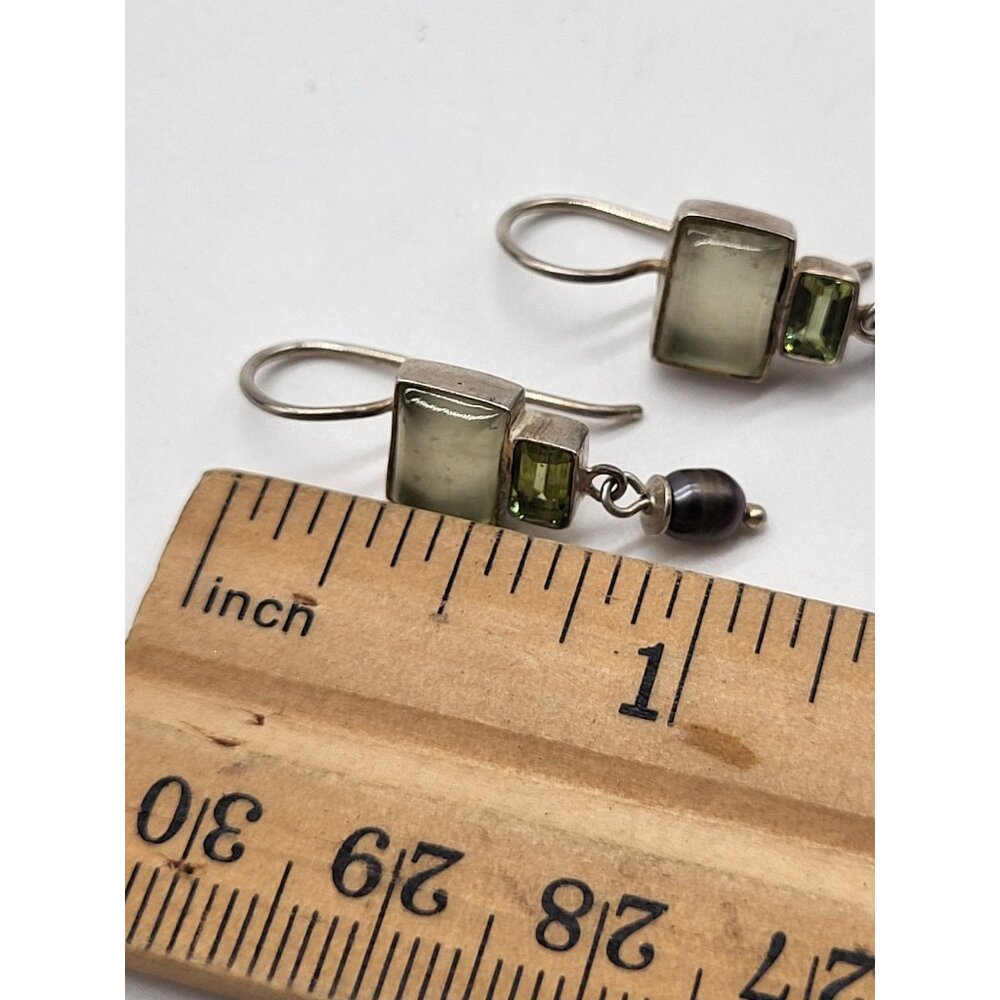 VTG 925 Sterling Silver Earrings Dangle Drop Green Gemstones Pearl Dainty - Picture 6 of 8